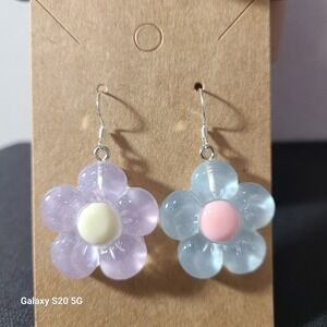 Handmade Blue/Purple Pastel Flower Earrings Iridescent Cute Dangle Earrings NWOT